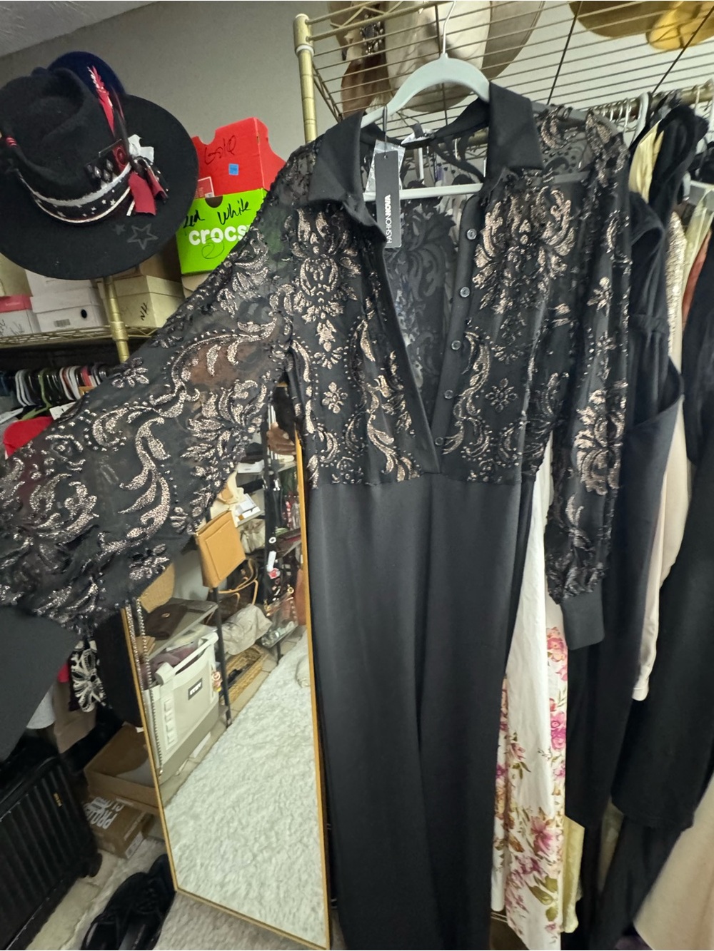 Fashion Nova Black Lace-Overlay Jumpsuit with Metallic Accents